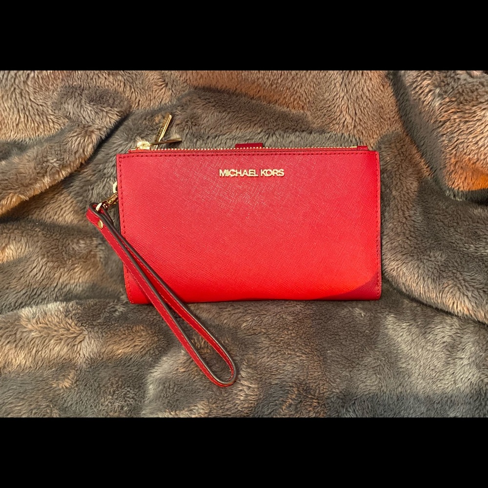 Michael Kors Jet Set Double Zip Phone Wristlet Wallet Scarlet